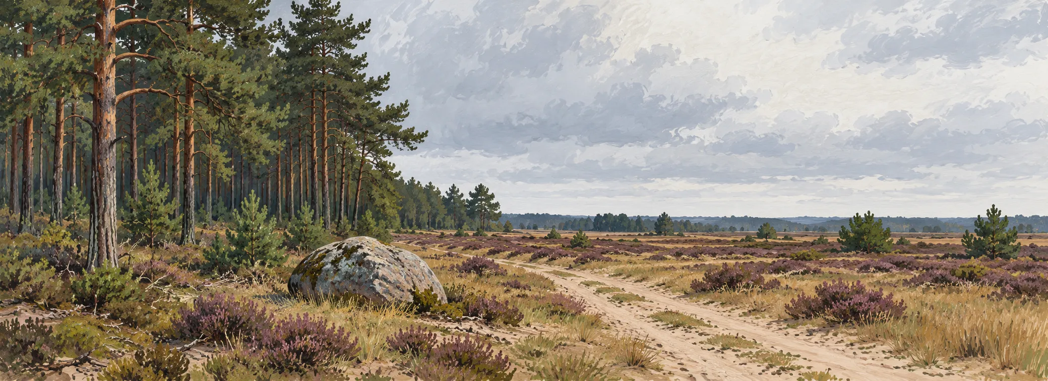Kiefernholt an’n Rand vun de ole Heid, dorvör en groten Findling un en Sandweg