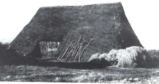 Altes Schwarz-Weiß-Foto einer Klutenhütte, deren Plaggendach fast bis zum Boden reicht.