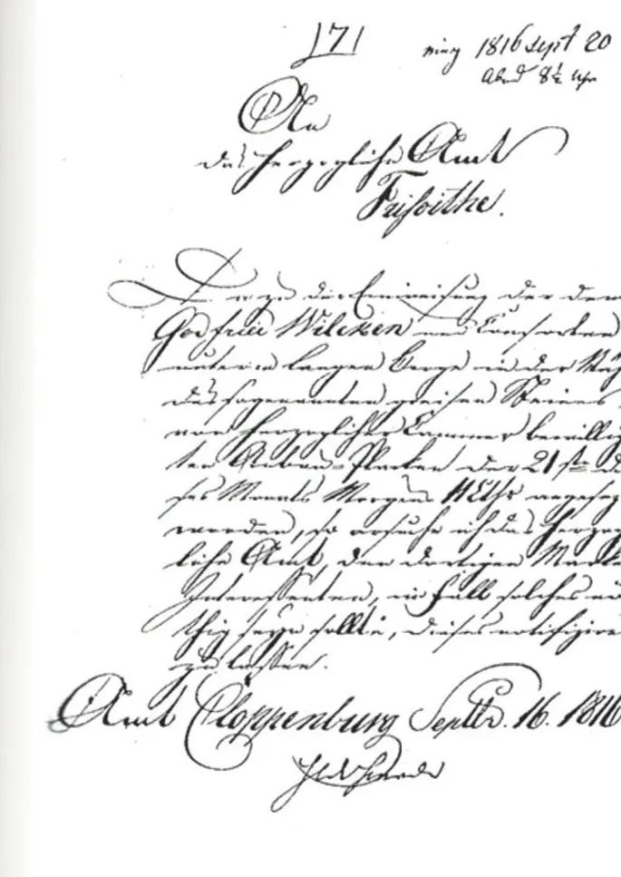 Handschriftliches Schreiben des Amtes Cloppenburg vom 16. September 1816 an das Amt Friesoythe über den Einweisungstermin.