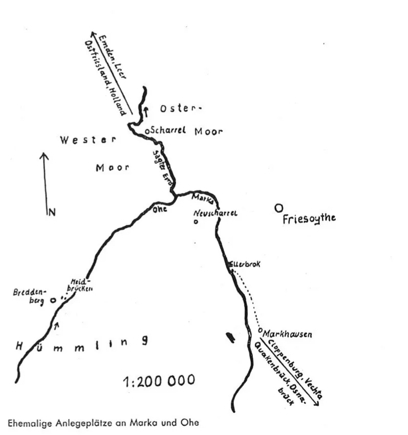 Gezeichnete Karte der alten Wasserwege: Marka, Ohe und Sater-Ems mit den früheren Anlegeplätzen.