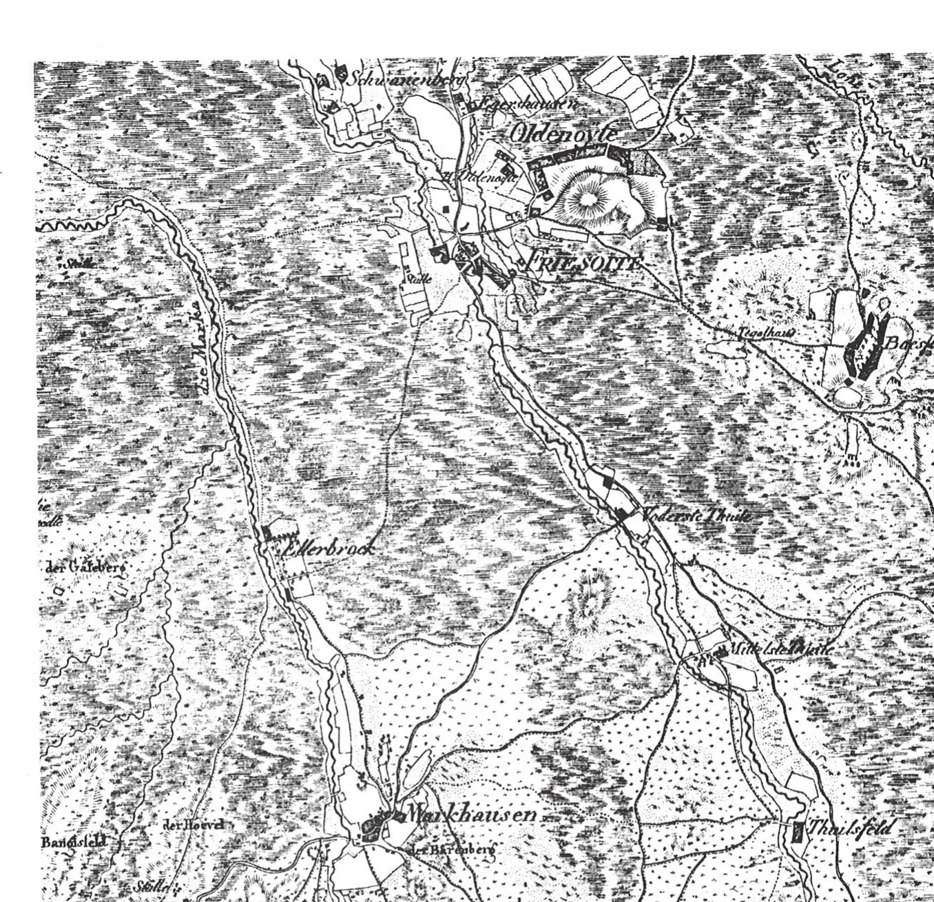 Ausschnitt der Le-Coq-Karte von 1805: die Sand- und Heideflächen der Geest, dazwischen die Feuchtgebiete von Marka und Soeste.