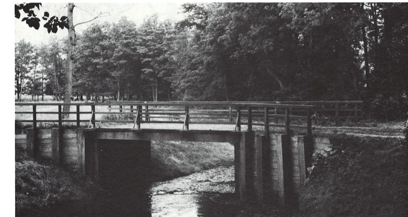 Altes Foto der Markabrücke bei Peters: schmale Brücke über den Fluss, dahinter Wiesen und Bäume.