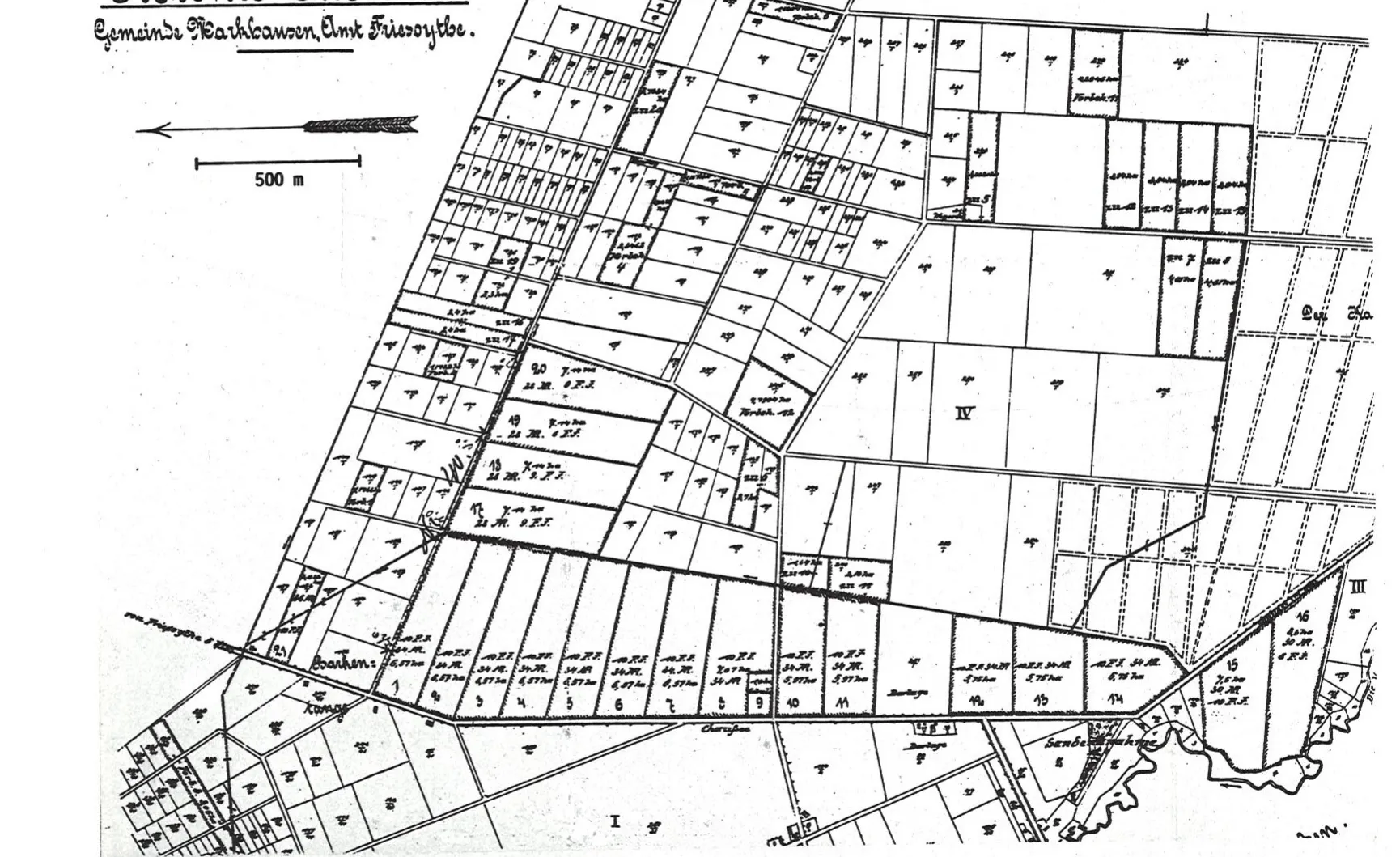 Besiedlungsplan der Kolonie Ellerbrock: schmale Siedlerstellen entlang der Straße, beschriftet „Kolonie Ellerbrock, Gemeinde Markhausen, Amt Friesoythe“.