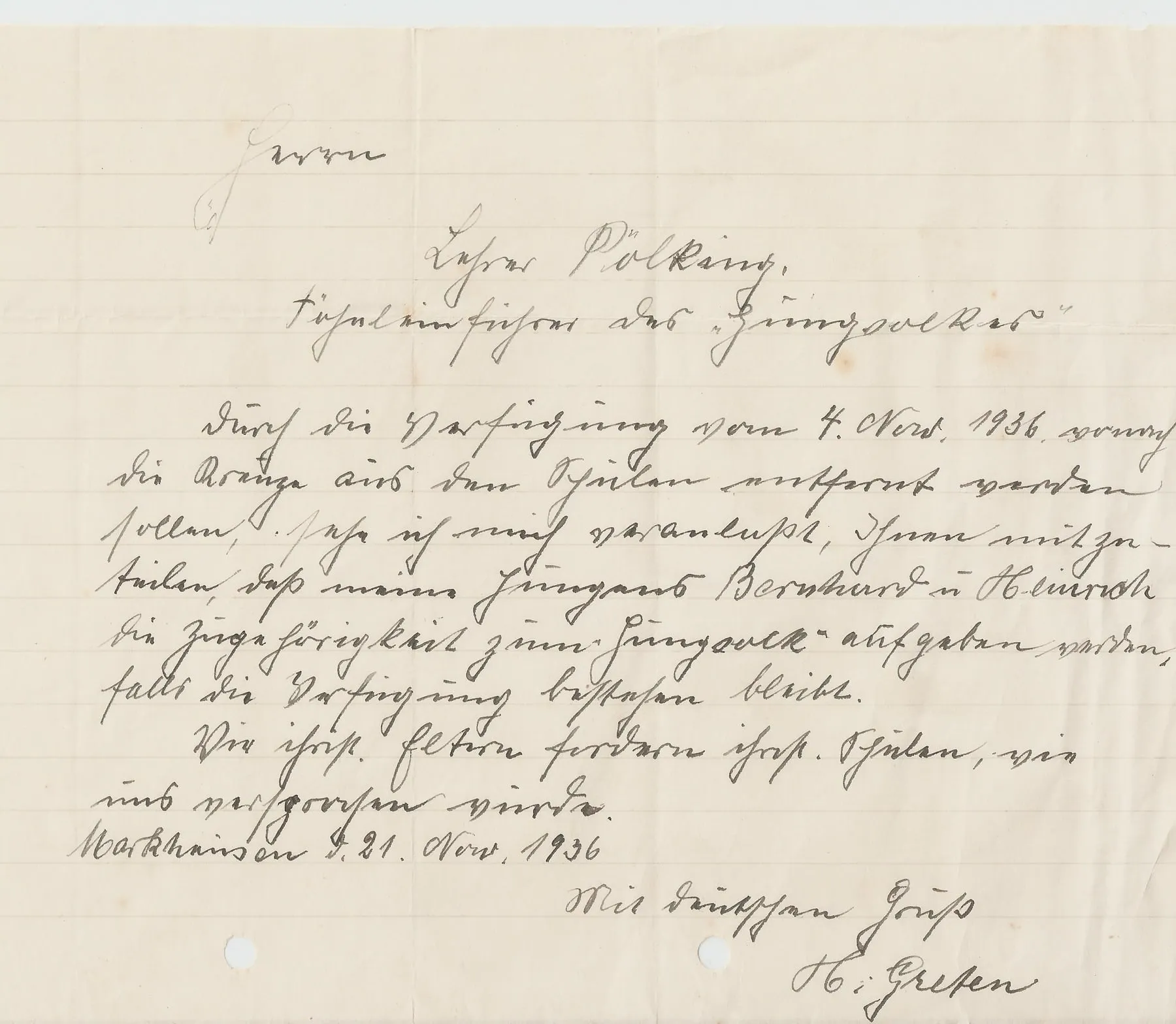 Handschriftlicher Brief von Hermann Greten an Lehrer Pölking vom 21. November 1936, in deutscher Kurrentschrift auf liniertem Papier.
