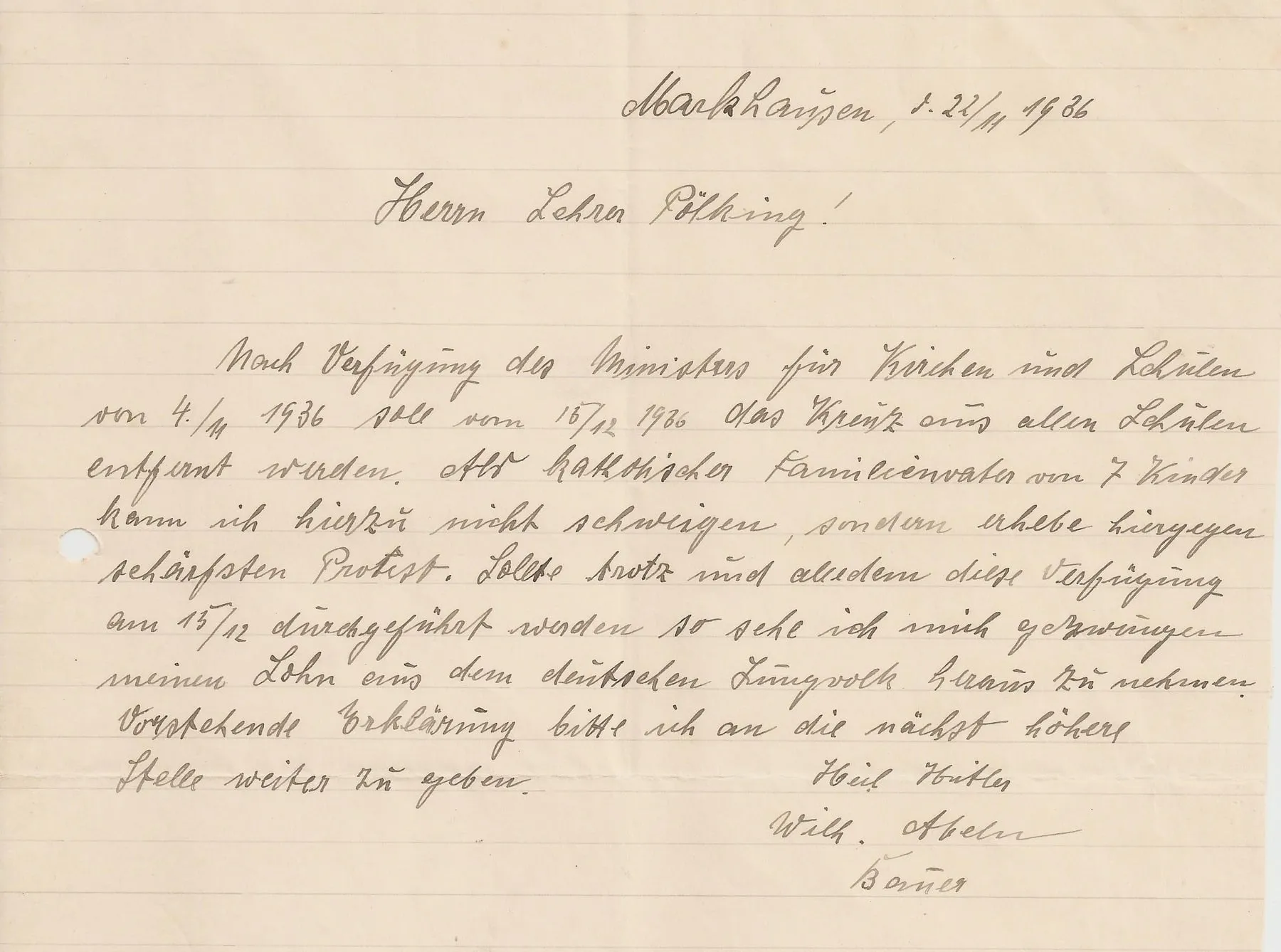 Handschriftlicher Brief von Wilhelm Abeln an Lehrer Pölking vom 22. November 1936, in lateinischer Schreibschrift auf liniertem Papier.