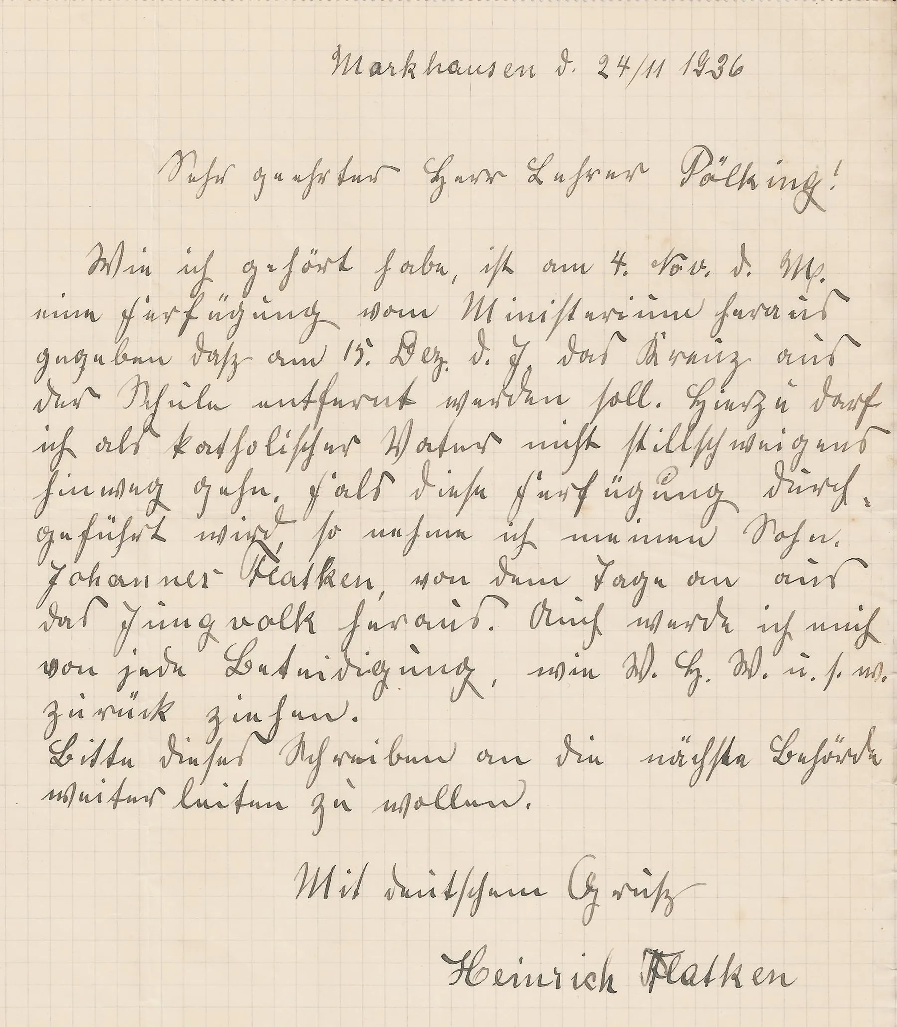 Handschriftlicher Brief von Heinrich Flatken an Lehrer Pölking vom 24. November 1936, in deutscher Kurrentschrift auf kariertem Papier.