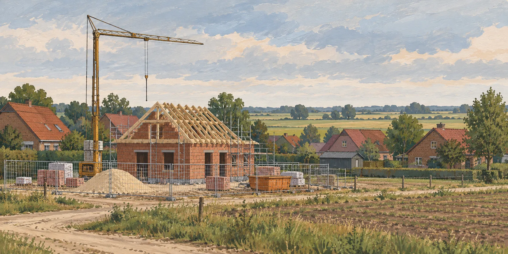 Baustelle am Ortsrand: Rohbau mit offenem Dachstuhl, Kran und Bauzaun