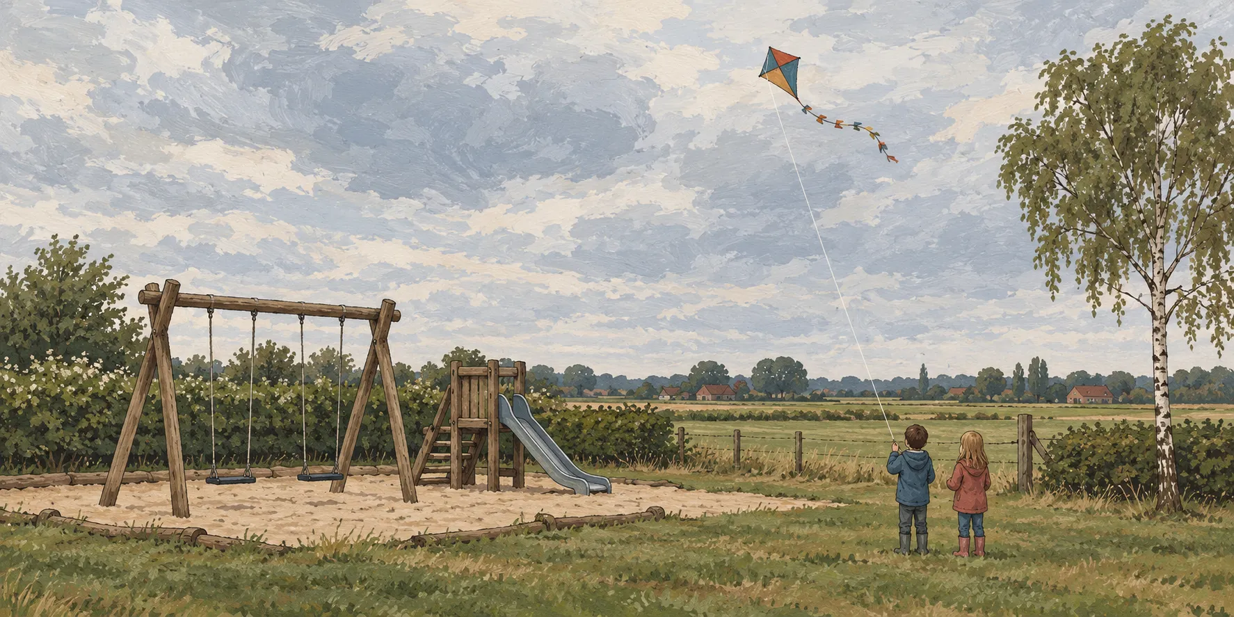 Spielplatz mit Schaukel und Rutsche, daneben zwei Kinder mit einem Drachen