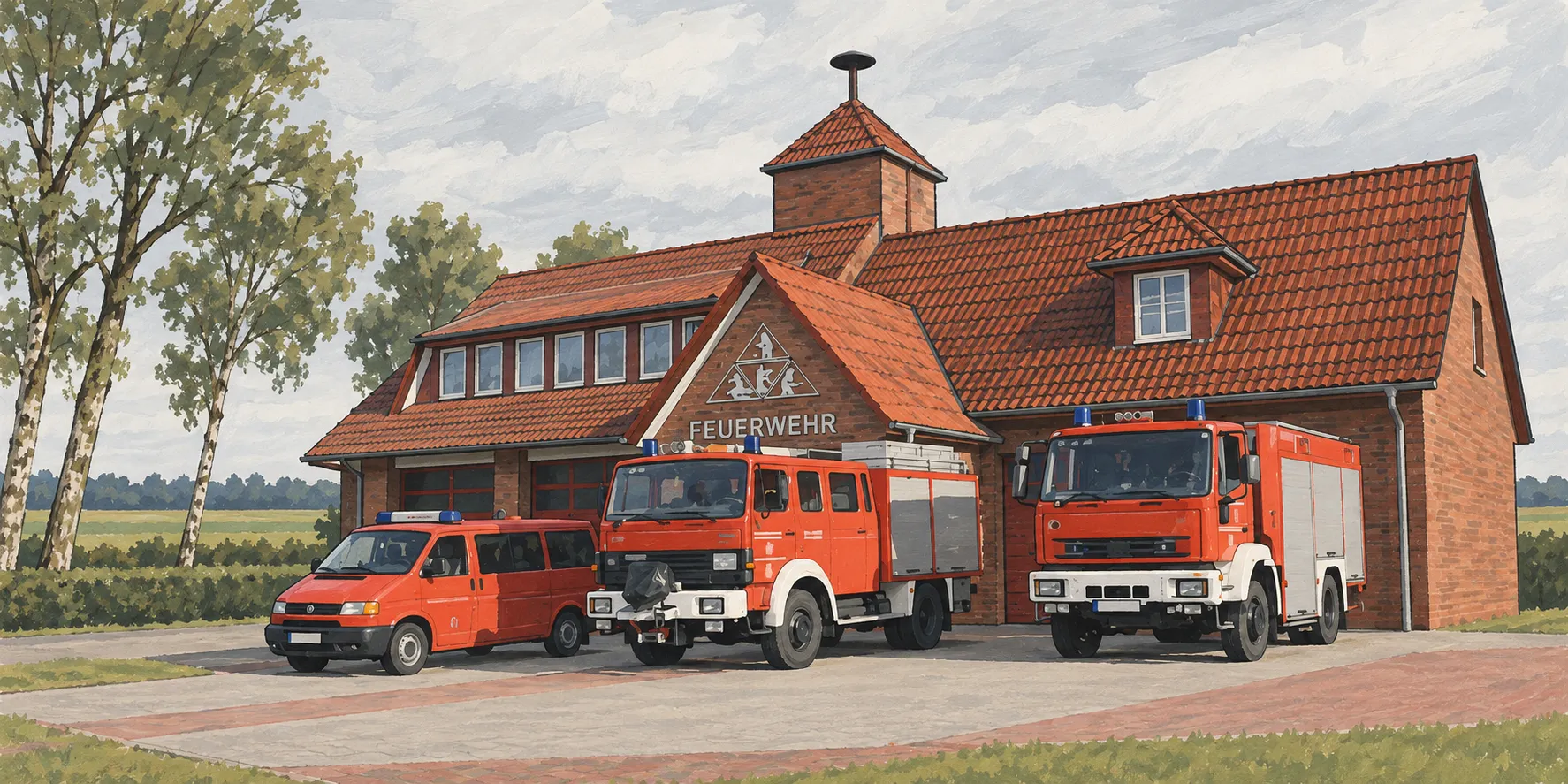 Feuerwehrhaus aus rotem Klinker mit Schlauchturm, davor drei Einsatzfahrzeuge auf dem Vorplatz