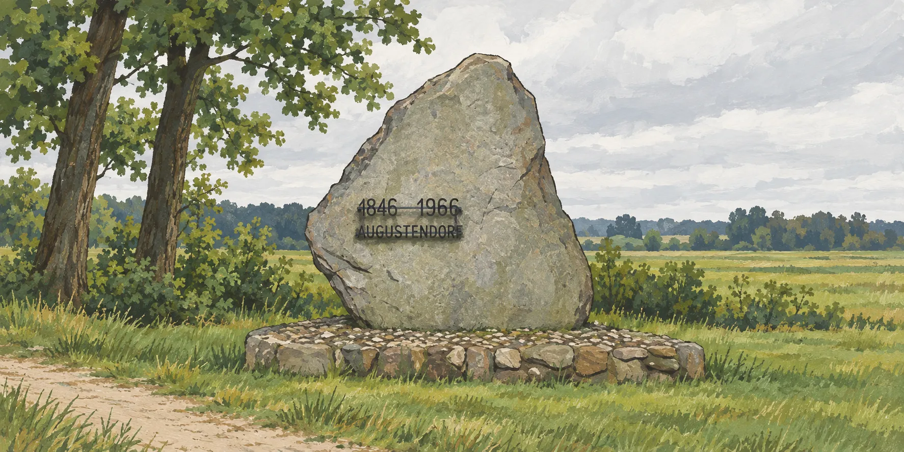 Der Grieser Stein: ein großer heller Findling an der Gabelung zweier Sandwege, Felder ringsum