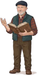 Hinnerk, das Maskottchen von markhausen.de, hält ein altes, aufgeschlagenes Buch