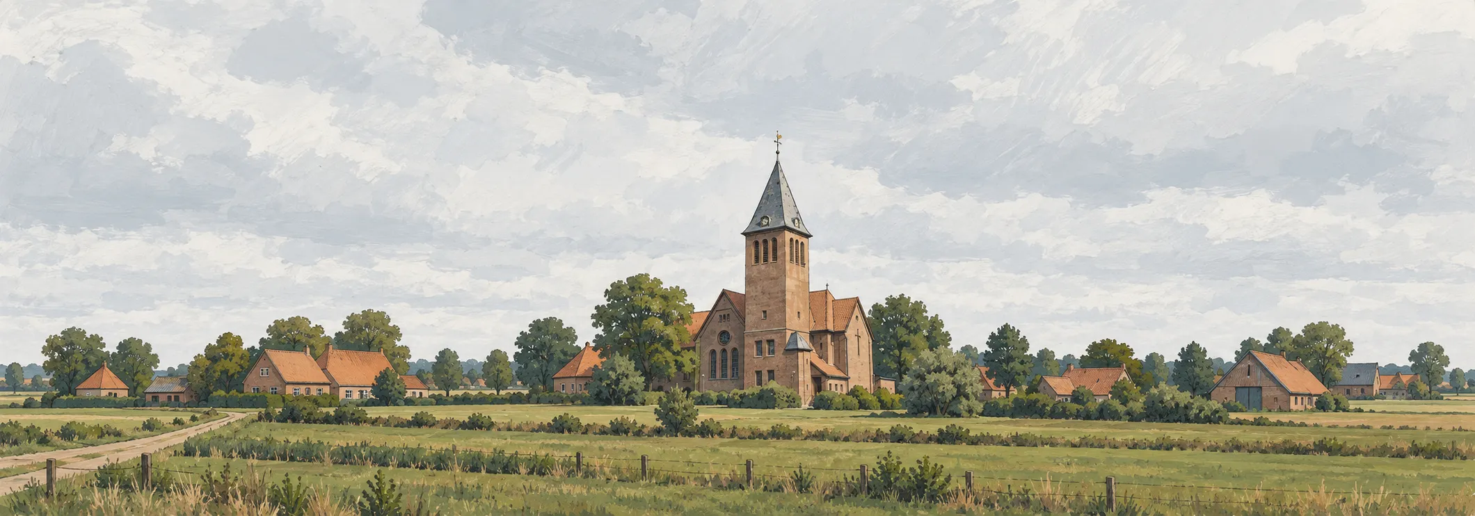 Weite Sicht über die flache Landschaft: ein Kirchturm in der Mitte, ringsum vier Gruppen niedriger Höfe zwischen Feldern und Hecken