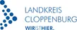 Logo des Landkreises Cloppenburg – blaue Punkte in Pfeilform neben dem Schriftzug „Landkreis Cloppenburg – wir ist hier“
