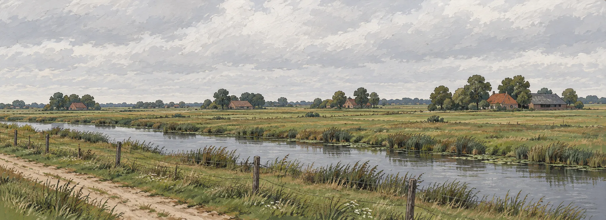 Wischen an de Marka mit en lockere Reeg vun Höve an’t anner Ufer, wiet uteneen