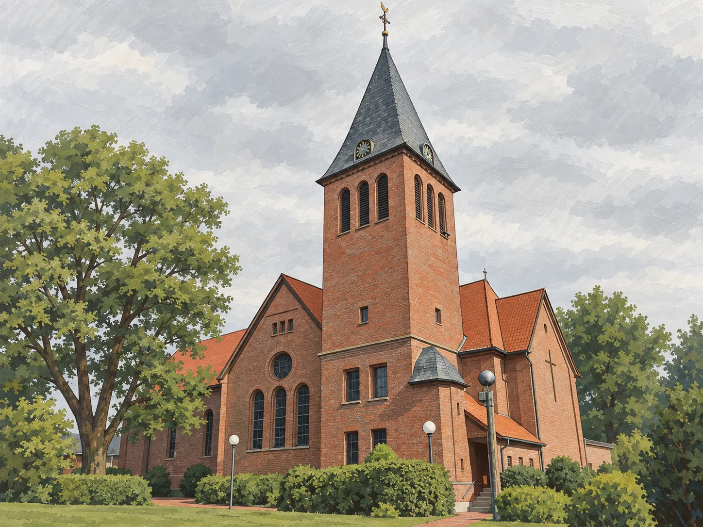 De Kark St. Johannes Baptist vun vörn: Klinkerbau mit hoogen Torn, Krüüz op de Spitz un twee Klockenschieven