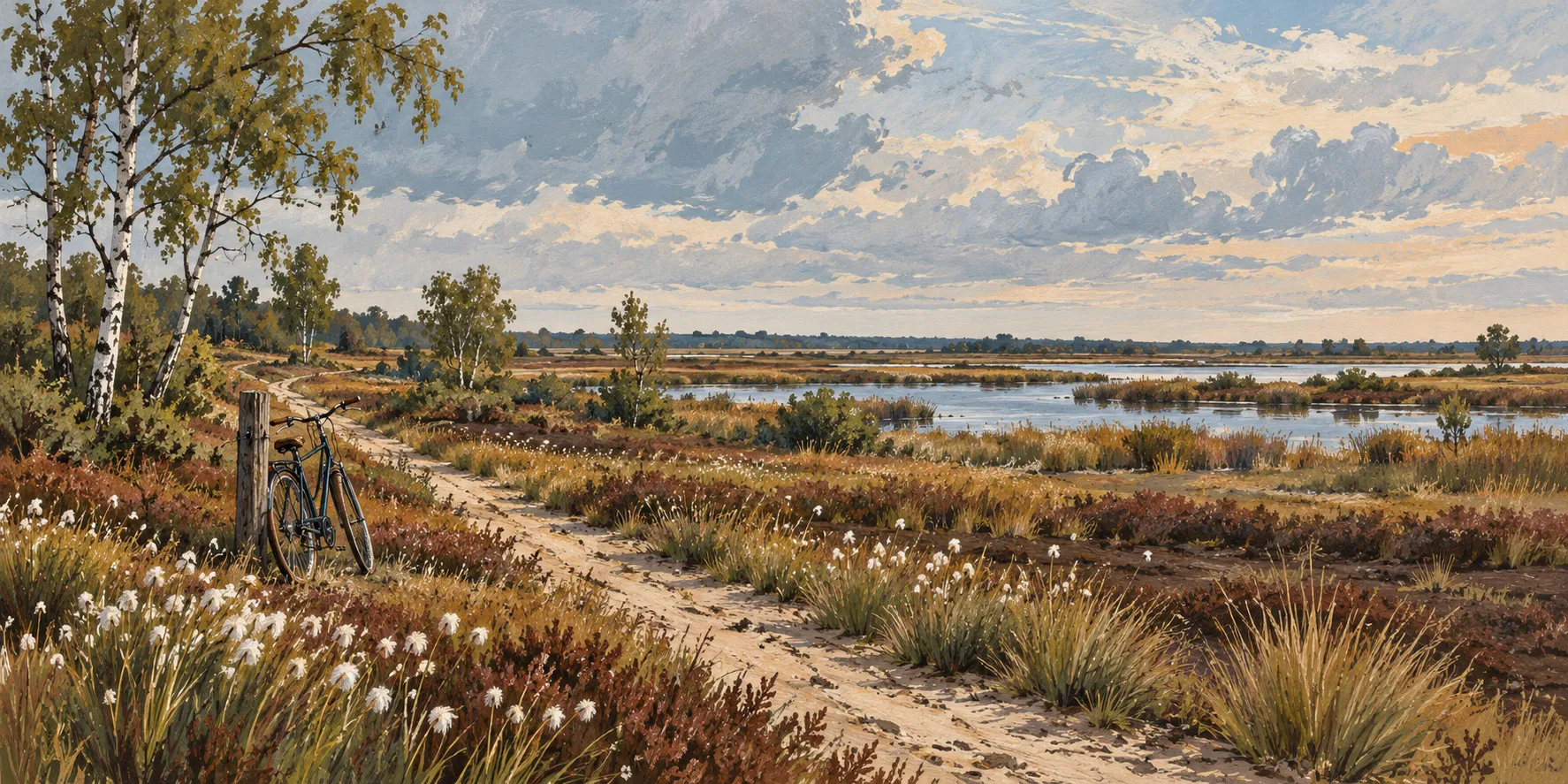Moorlandschaft mit Wollgras und Heide, ein Sandweg mit angelehntem Fahrrad, offenes Wasser dahinter