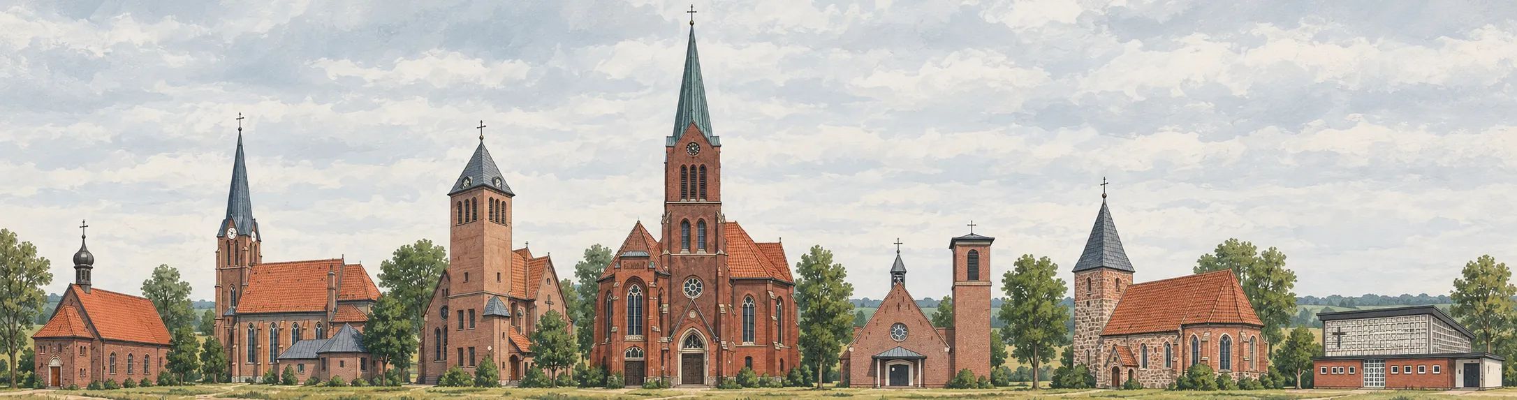 De Karken vun de Pfarrei nebeneen op Wisch un Sandbodden, de vun Markhusen grötter un ut rood Klinker