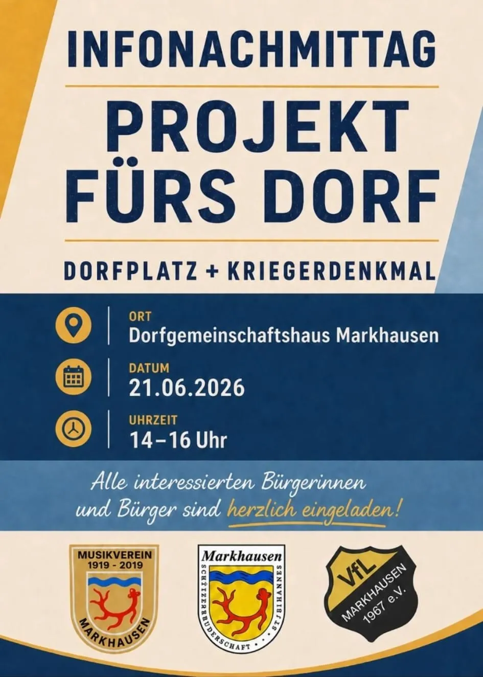 Flyer zum Infonachmittag „Projekt fürs Dorf“ am 21. Juni 2026 im Dorfgemeinschaftshaus
