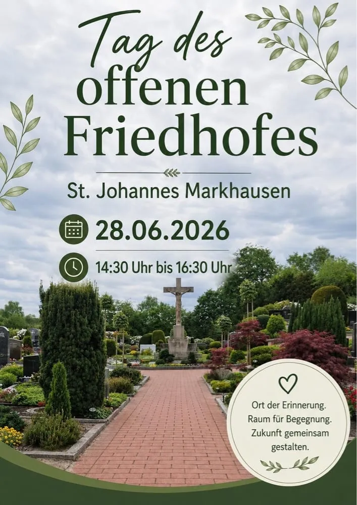 Plakat zum Tag des offenen Friedhofes am 28. Juni 2026 mit einem Foto des Friedhofs St. Johannes