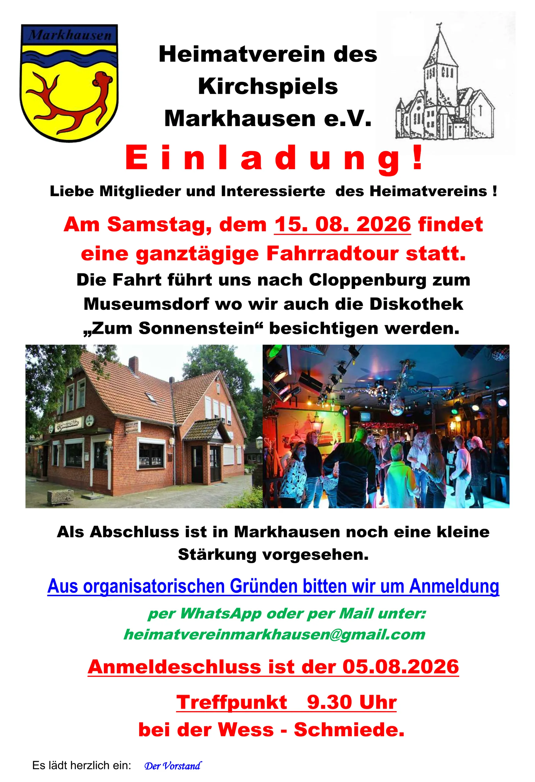 Einladung des Heimatvereins zur Fahrradtour am 15. August 2026 ins Museumsdorf Cloppenburg, mit drei Fotos