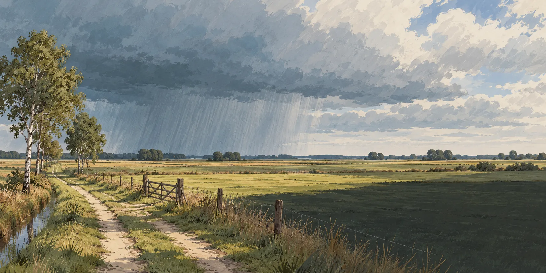 Regenschauer über flachem Ackerland, im Vordergrund ein Sandweg mit einer Reihe Birken